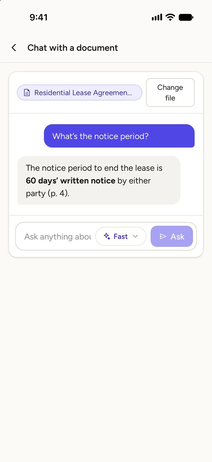 Chat with a document in the iPhone app: the question "What's the notice period?" and the answer "60 days' written notice by either party (p. 4)".