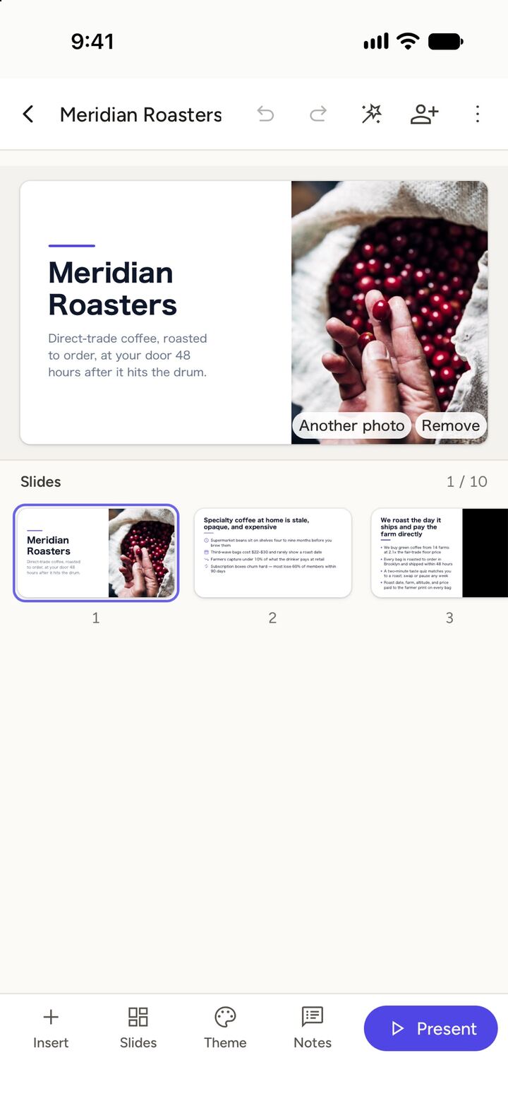 A generated pitch deck open in the Slides editor in the iPhone app.