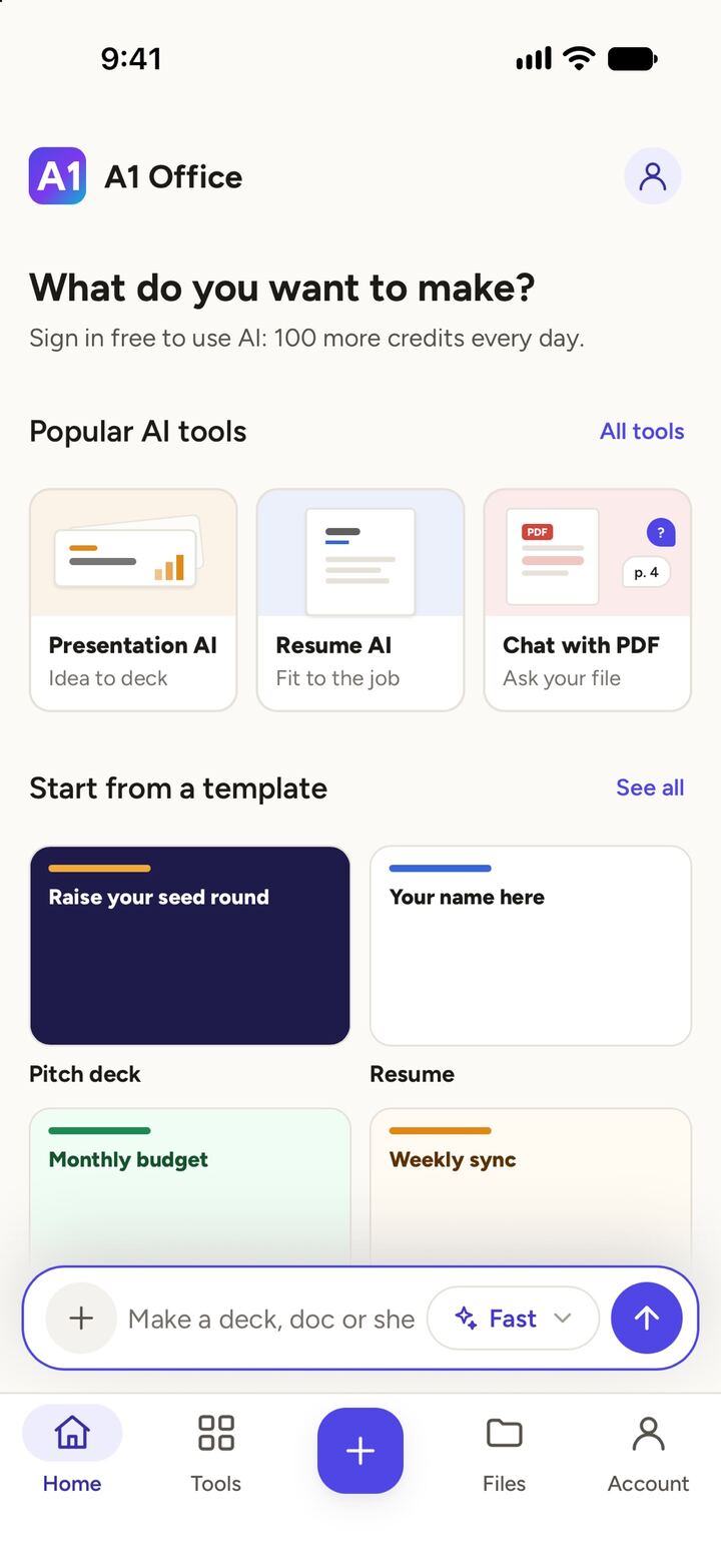 The A1 Office iPhone app home screen: popular AI tools, template starters, and the AI box docked above the Home, Tools, Files and Account tabs.
