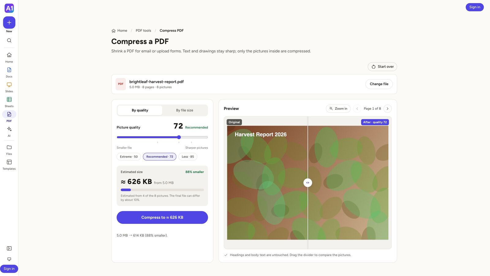 Compress PDF with the quality slider at 72, an estimated size of 626 KB from 5.0 MB, and a before-and-after preview of a page.