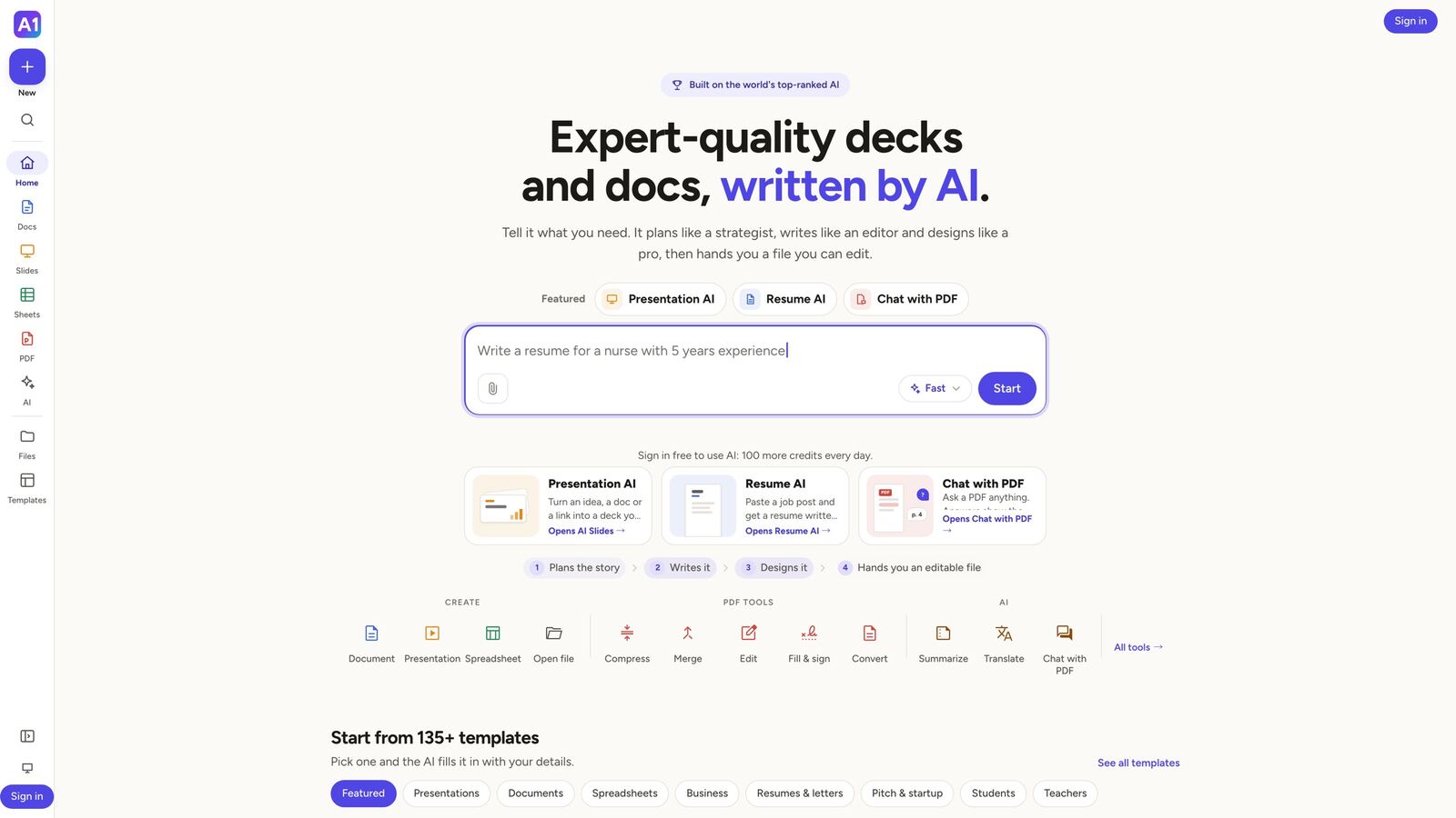 The A1 Office home page on a laptop: the AI box with Presentation AI, Resume AI and Chat with PDF above it, then the Create, PDF tools and AI shortcuts.