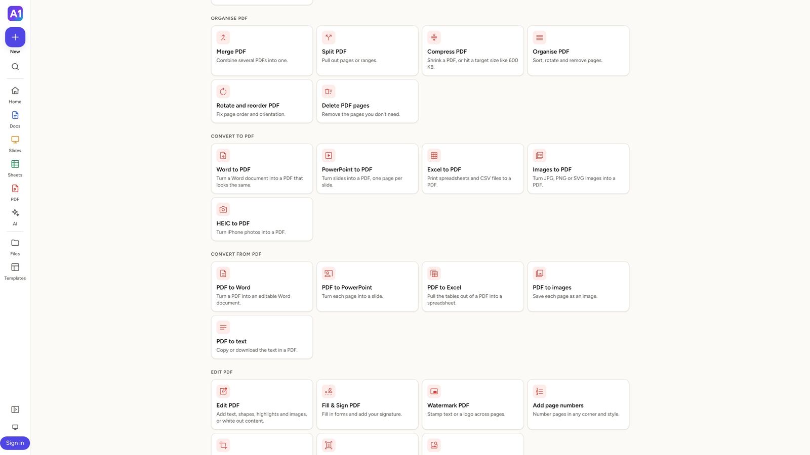 The Tools page, listing the PDF tools in groups: organise, convert to PDF, convert from PDF and edit.