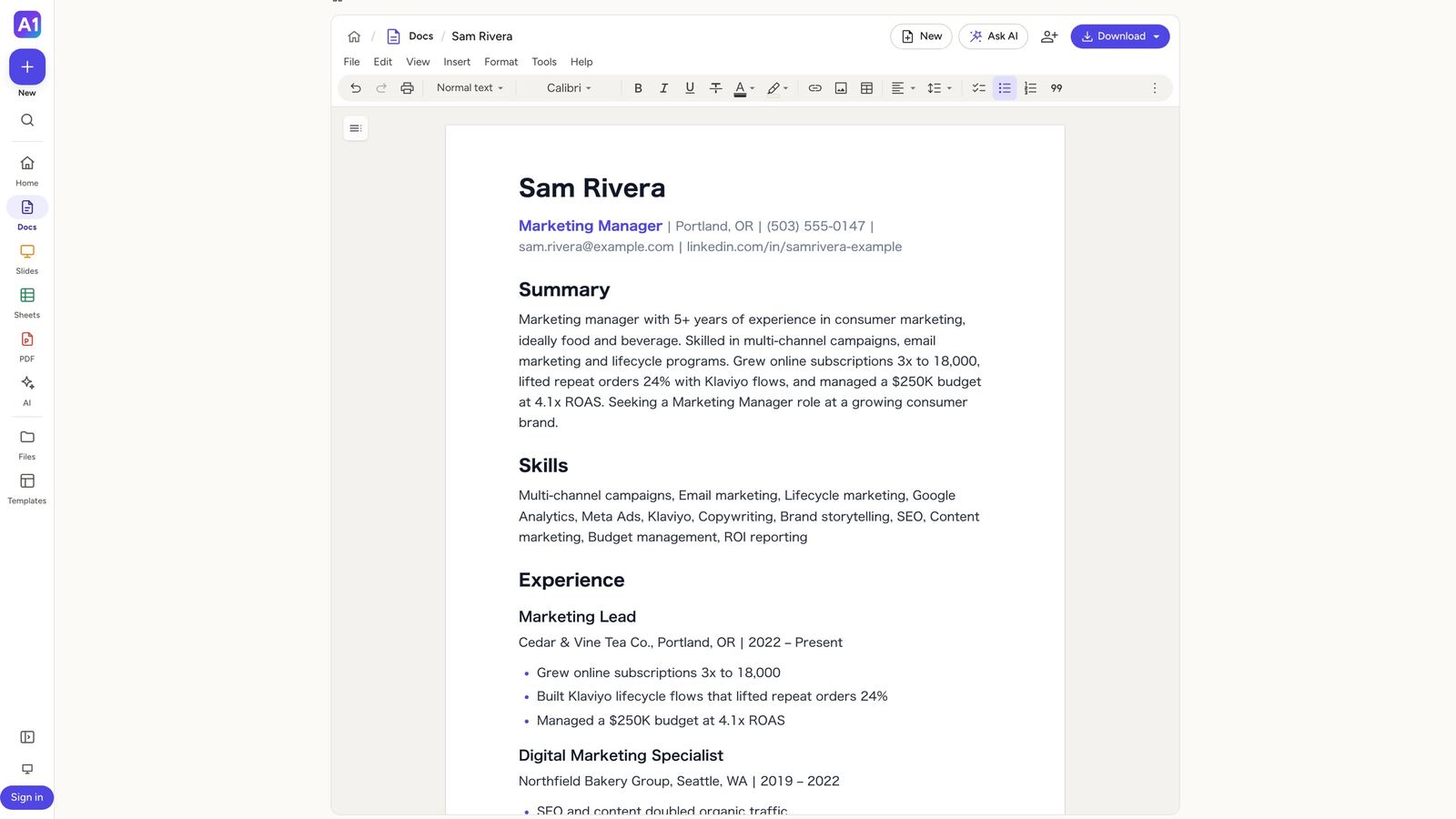 A finished one-page resume for a marketing manager open in the Docs editor, with the formatting toolbar above it.