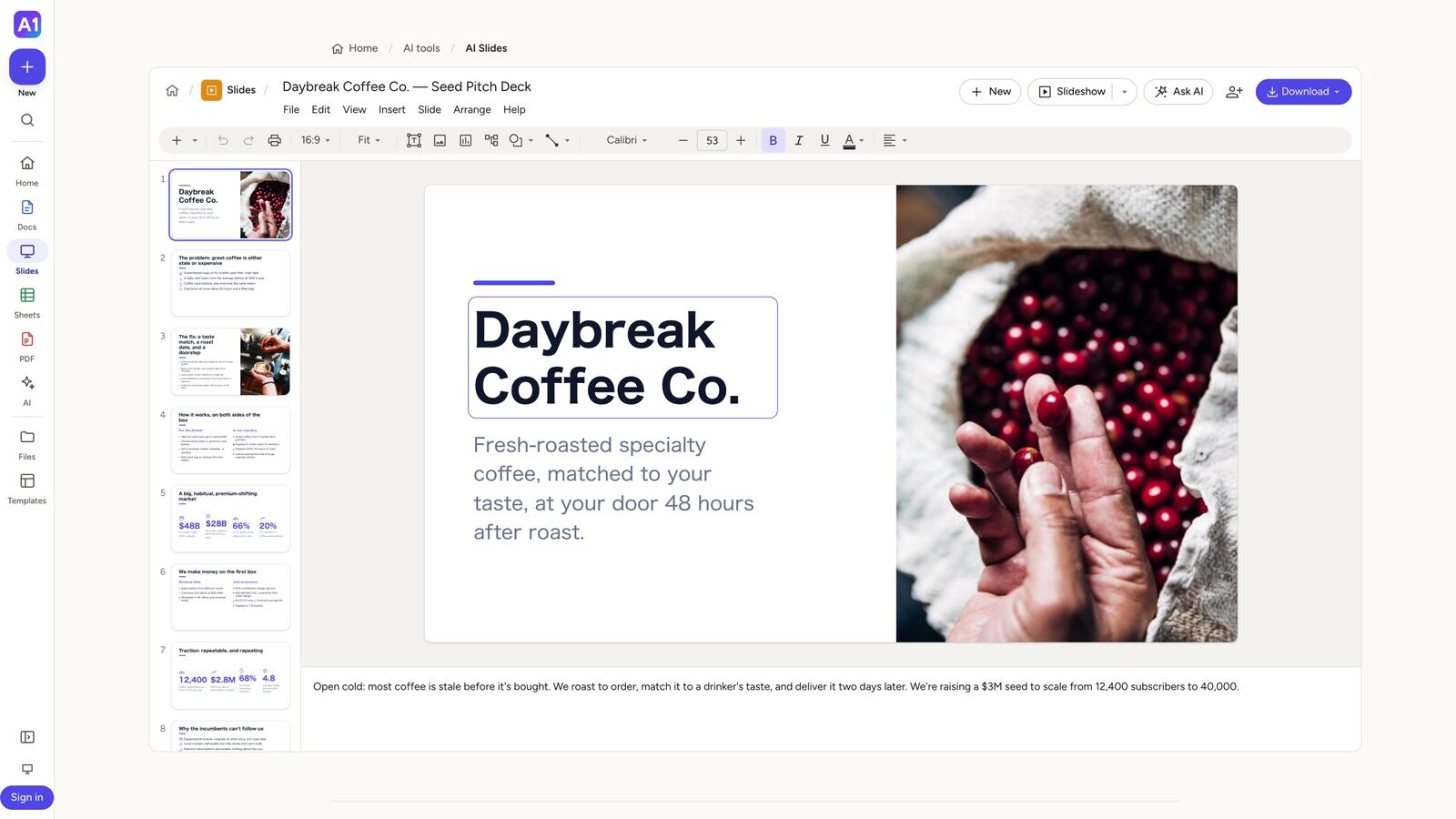 The Slides editor with a generated title slide, the slide list down the left, and the Ask AI and Download buttons at the top right.